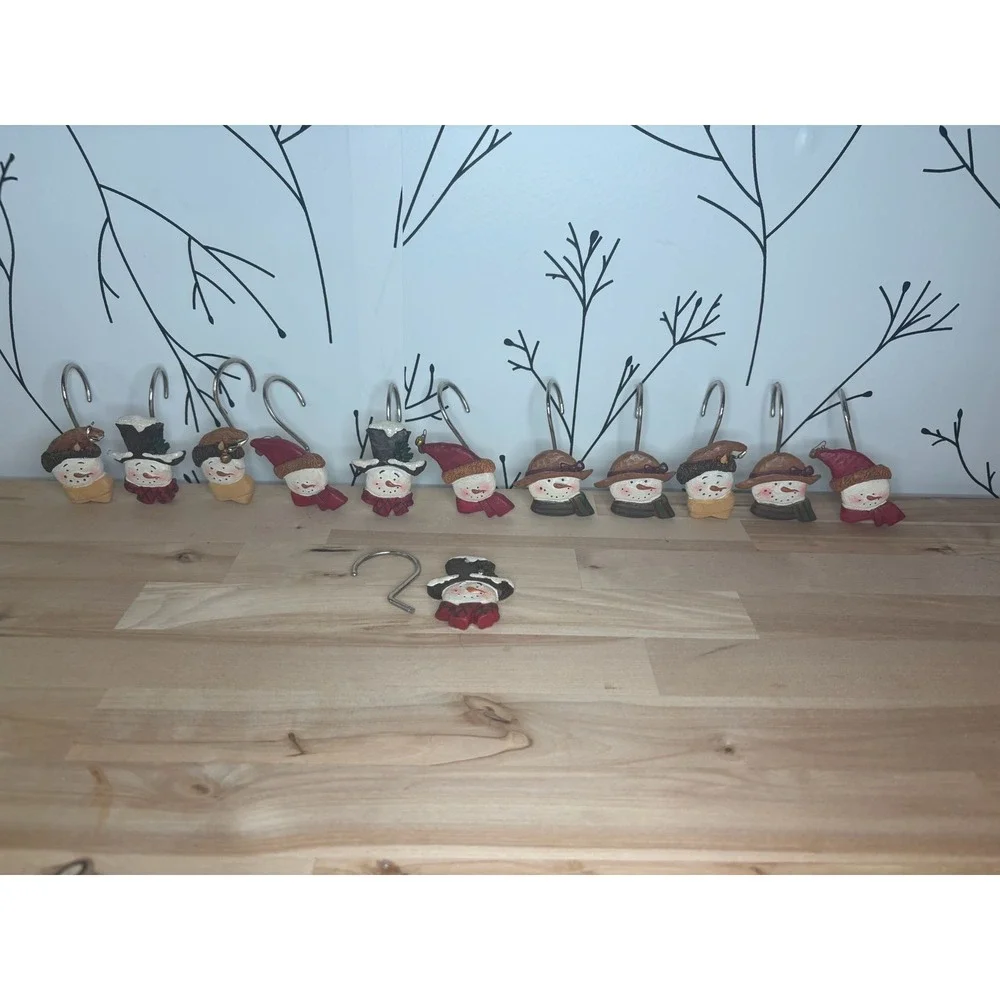 Vintage Snowman Shower Curtain Hooks Set of 12 Christmas Holiday Resin Decor